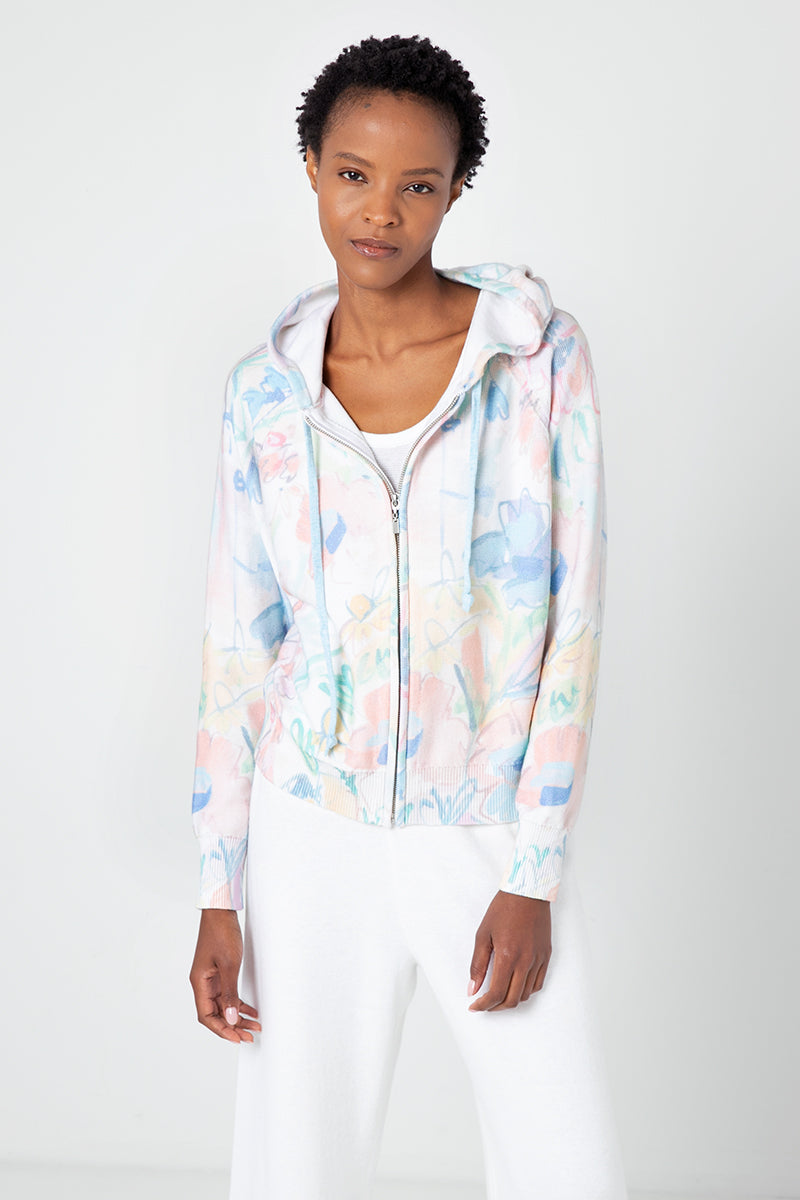 Kinross Cashmere Sunbleached Floral Zip Hoodie