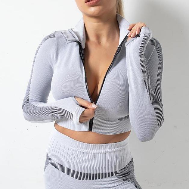 Astoria MOMENTUM Ribbed Zip Crop - Light Grey/Black