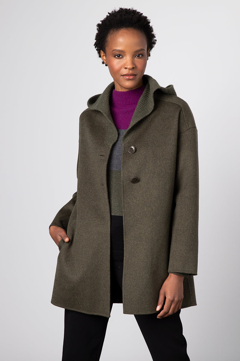 Kinross Cashmere Knit Trim Hooded Coat