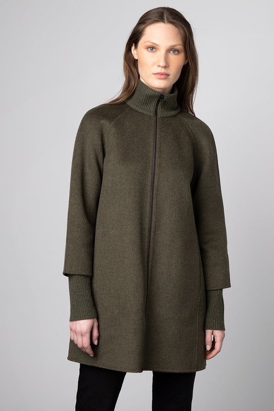 Kinross Cashmere Rib Sleeve Zip Mock Coat