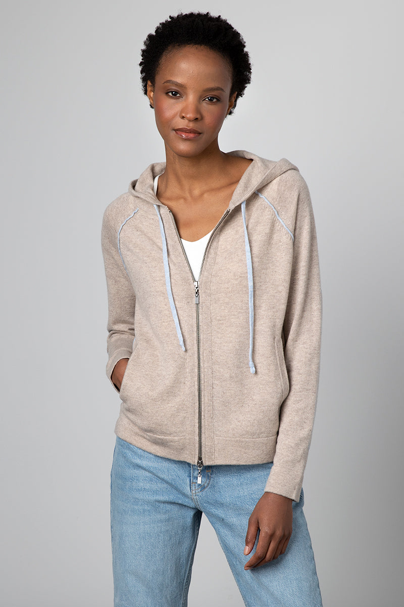 Kinross Cashmere Piped Zip Hoodie