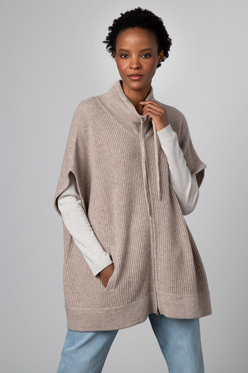 Kinross Cashmere S/L Rib Zip Mock Cardigan