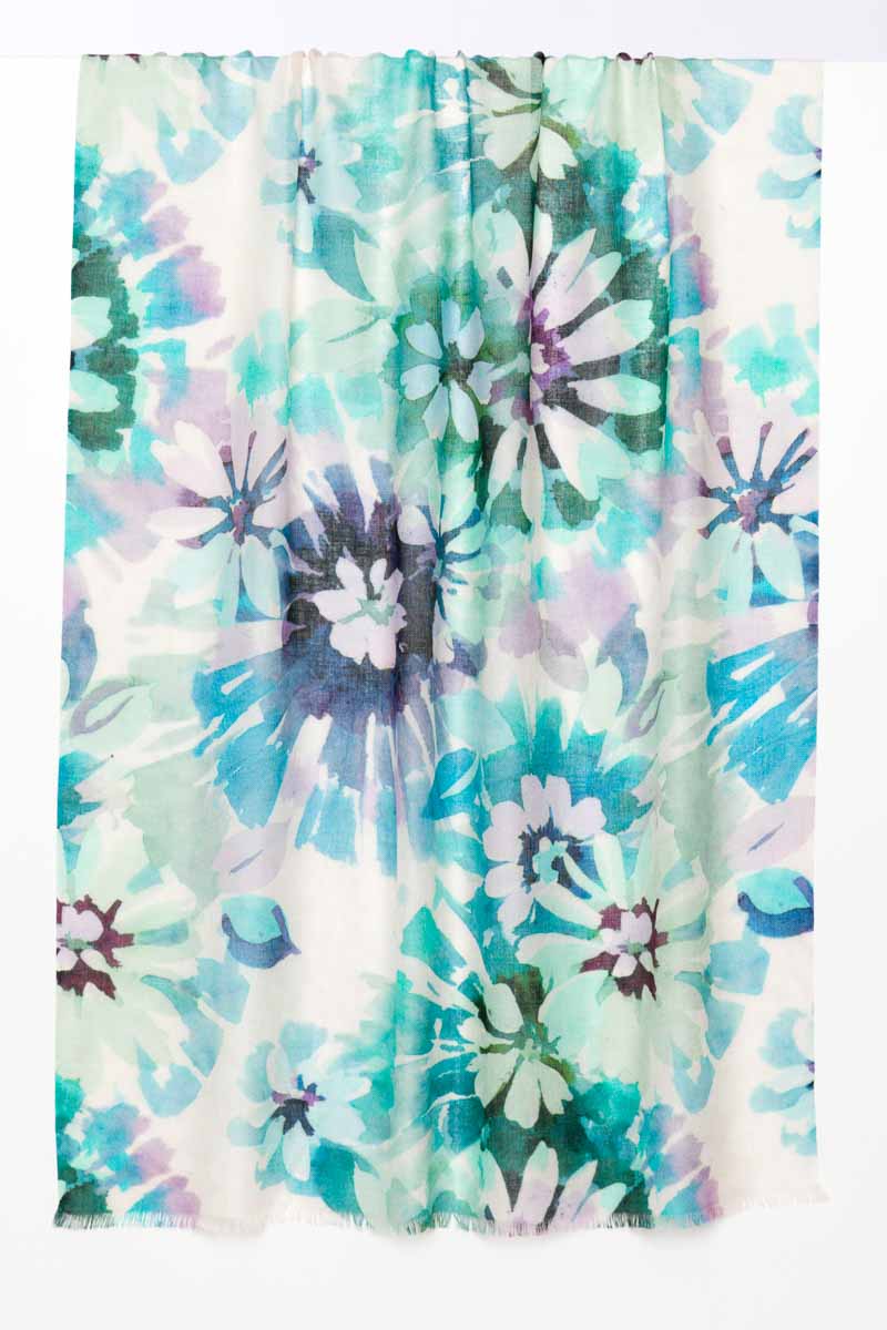 Kinross Cashmere Watercolor Floral Print Scarf