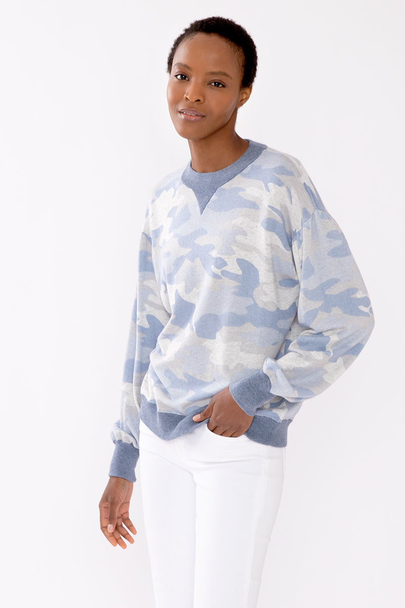 Kinross Cashmere Gathered Sleeve Camo Sweatshirt