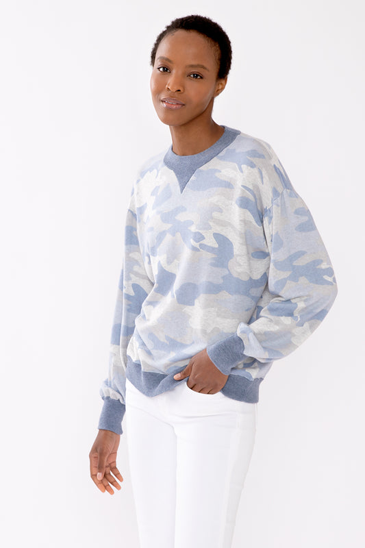 Kinross Cashmere Gathered Sleeve Camo Sweatshirt