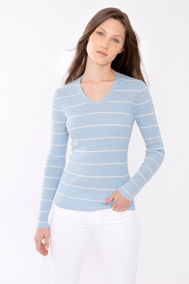 Kinross Cashmere Rib Striped Vee