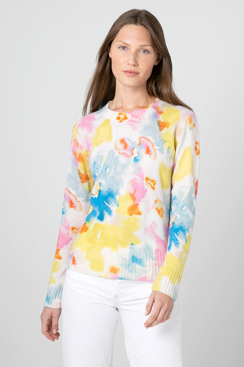 Kinross Cashmere Painted Floral Crew