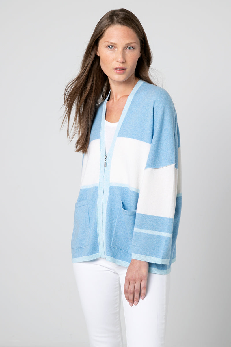 Kinross Cashmere Colorblock Zip Cardigan