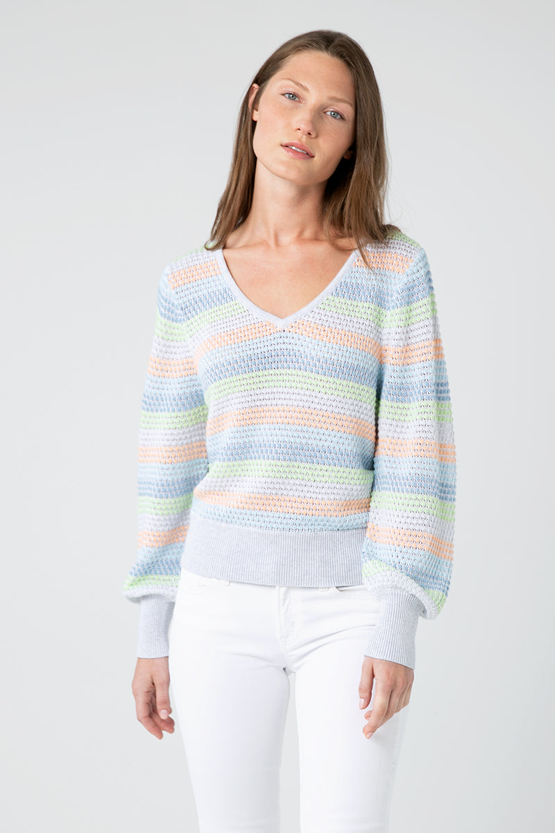 Kinross Cashmere Gathered Slv Stripe Vee