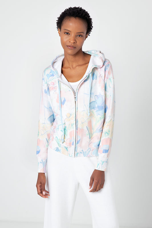Kinross Cashmere Sunbleached Floral Zip Hoodie