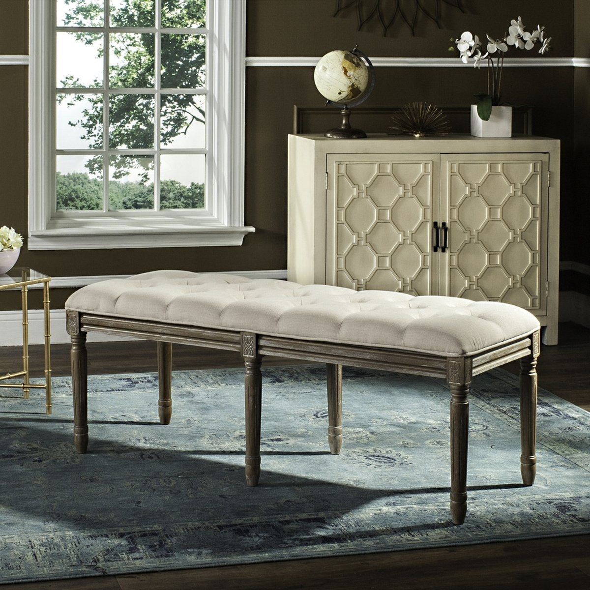 Rocha 19'' H French Brasserie Tufted Traditional Rustic Wood Bench