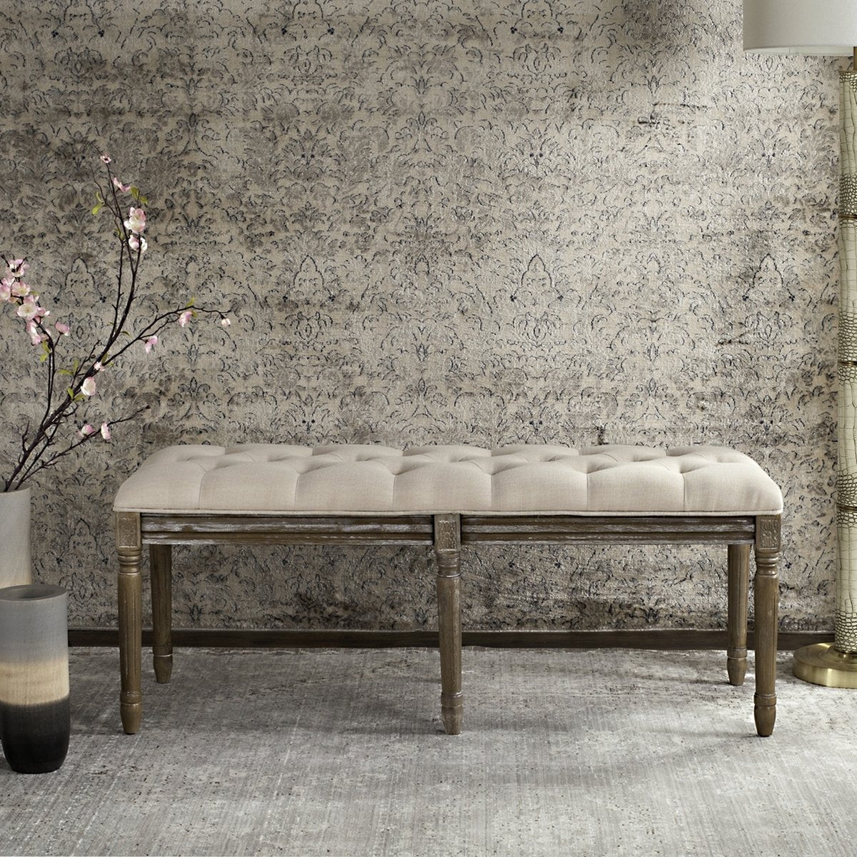 Rocha 19'' H French Brasserie Tufted Traditional Rustic Wood Bench
