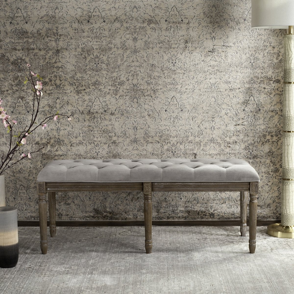 Rocha 19'' H French Brasserie Tufted Traditional Rustic Wood Bench