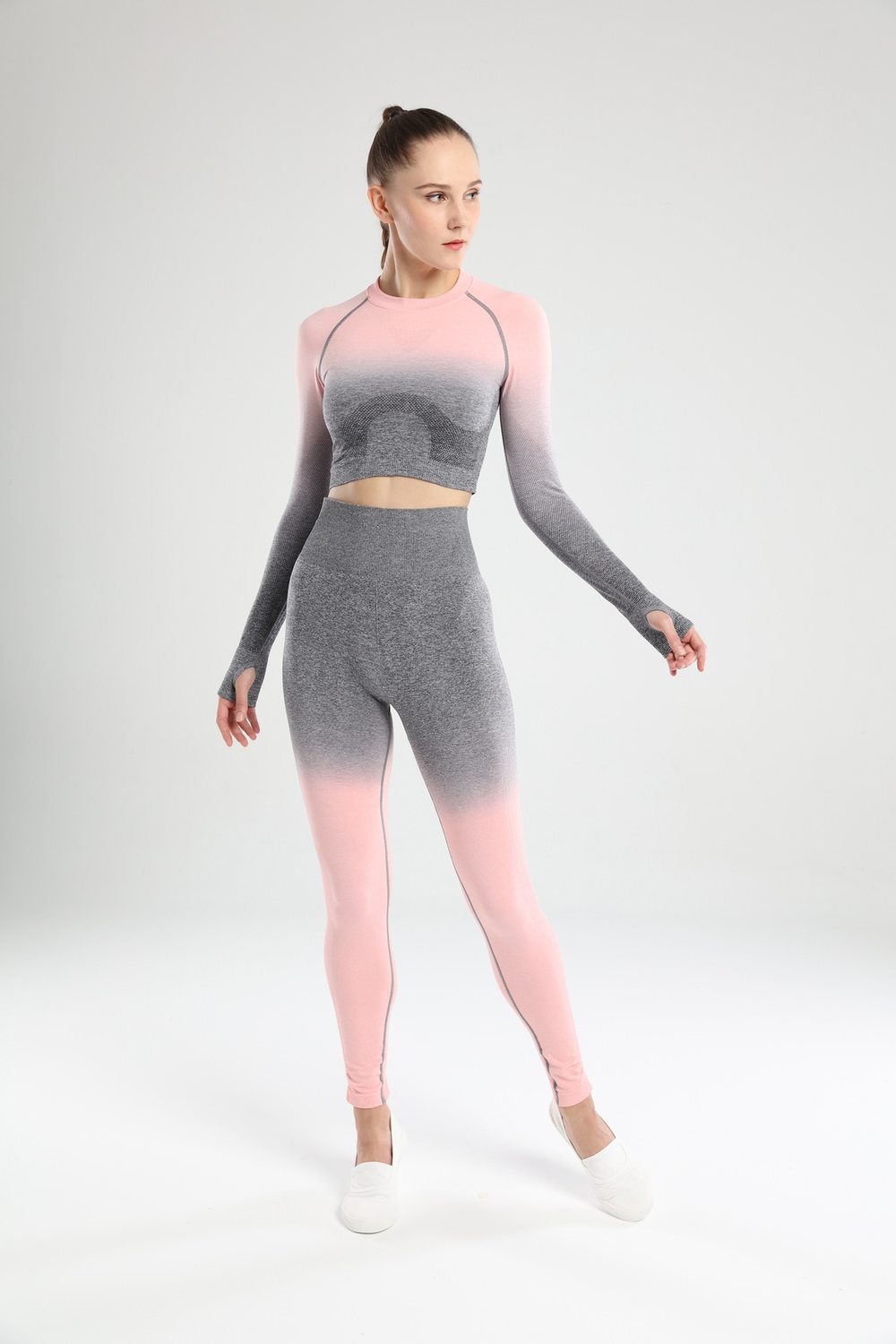 Astoria Seamless Ombre Sleeved Crop - Grey/Pink