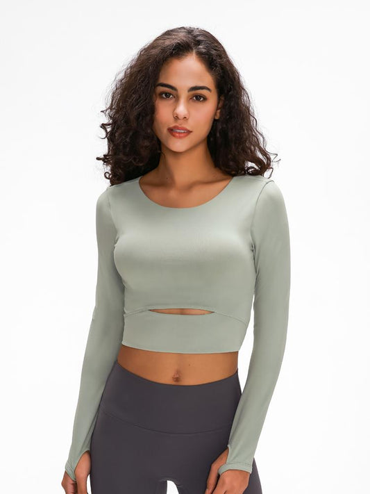 Astoria LUXE Sleeved Cut Out Sports Crop - Taupe Green