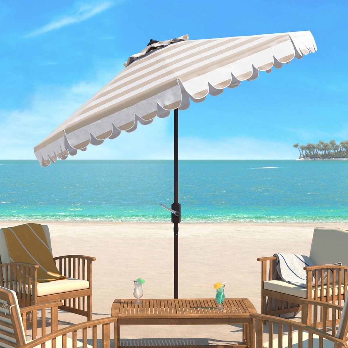 Maui Single Scallop Striped 9ft Crank Auto Tilt Umbrella